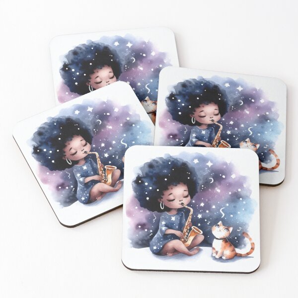 Item preview, Girl Playing Saxophone with Yellow Tabby Cat on Starry Night Dreamy Music Student Gift designed and sold by ElegantTeaTime.