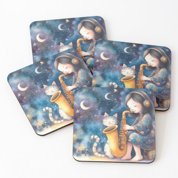 Item preview, Girl Playing Saxophone with Grey Tabby Cat on Starry Night with Two Moons Music Student Gift designed and sold by ElegantTeaTime.