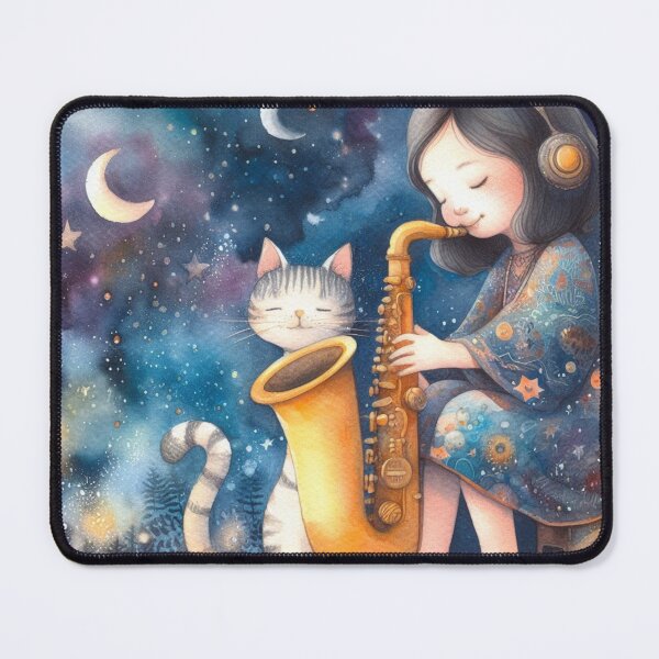 Item preview, Girl Playing Saxophone with Grey Tabby Cat on Starry Night with Two Moons Music Student Gift designed and sold by ElegantTeaTime.