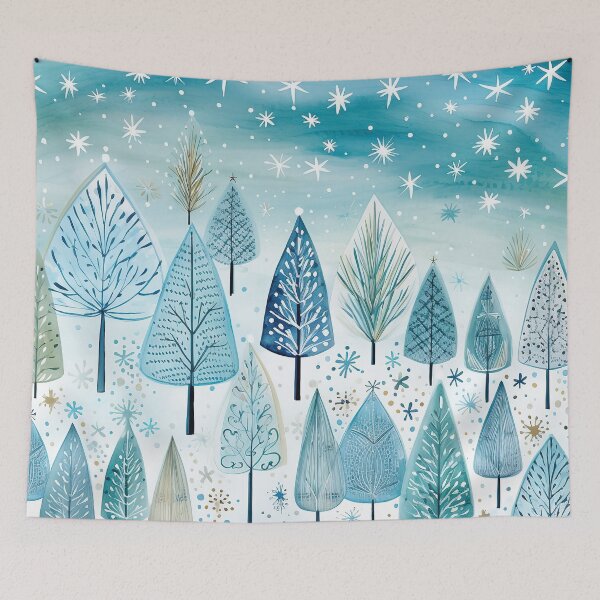 Item preview, Fun whimsical aqua blue  doodle art Christmas trees art , winter scene designed and sold by Inktown.