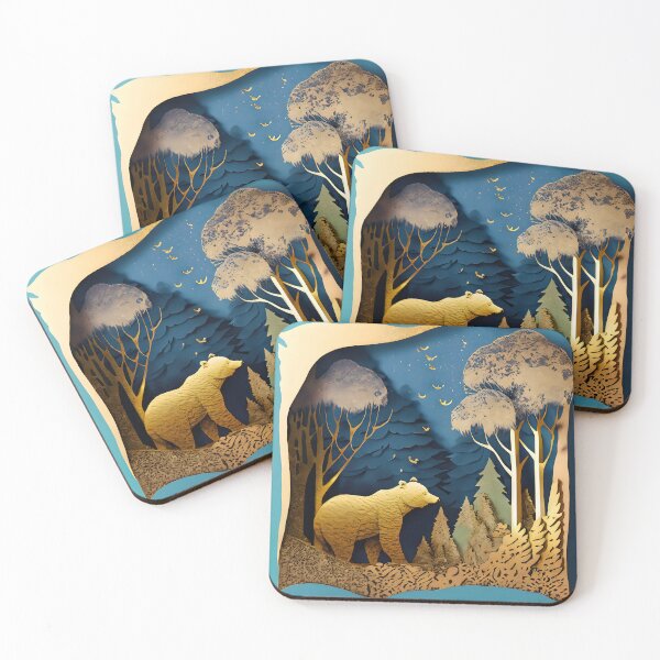 Item preview, Bear, Gold, Layered Paper, Paper Cut, Trees, Cabin, Forest, Blue, Dark Blue designed and sold by Golden-Feathers.