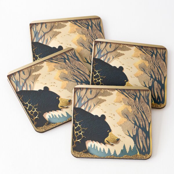 Item preview, Bear, Gold, Layered Paper, Paper Cut, Trees, Cabin, Forest, Blue, Dark Blue, Black designed and sold by Golden-Feathers.
