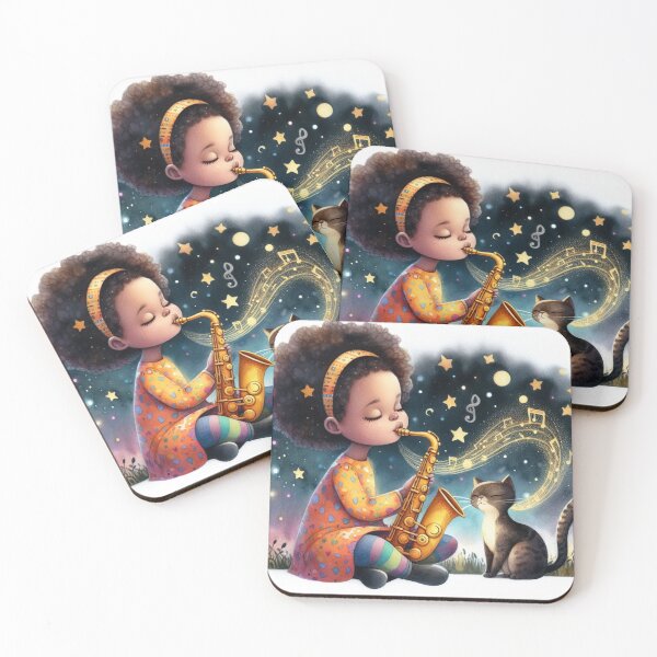 Item preview, Girl Playing Saxophone with Grey Tabby Cat on Starry Night with Music Notes designed and sold by ElegantTeaTime.