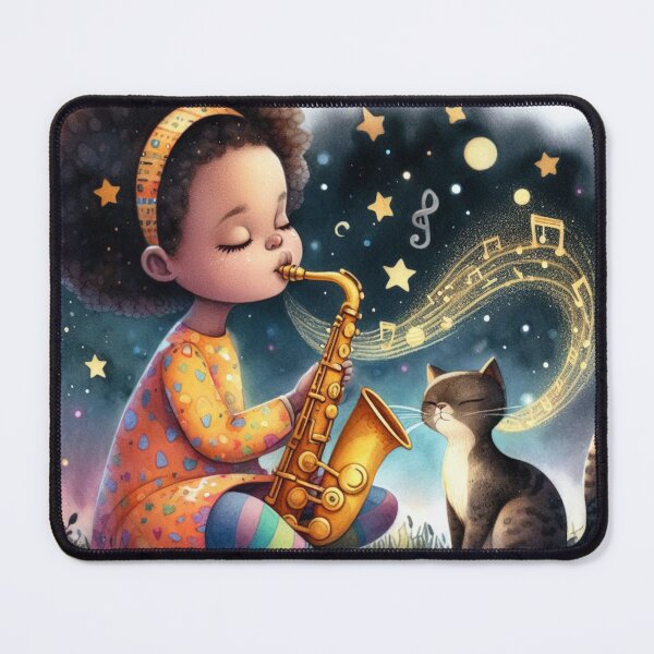 Item preview, Girl Playing Saxophone with Grey Tabby Cat on Starry Night with Music Notes designed and sold by ElegantTeaTime.