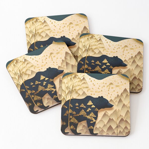 Item preview, Black Bear, Gold, Layered Paper, Paper Cut, Trees, Cabin, Forest, Blue, Dark Blue, Mountains designed and sold by Golden-Feathers.