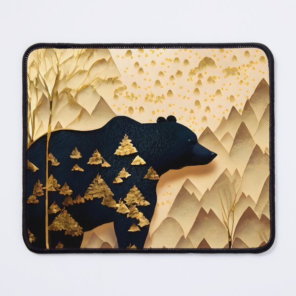 Item preview, Black Bear, Gold, Layered Paper, Paper Cut, Trees, Cabin, Forest, Blue, Dark Blue, Mountains designed and sold by Golden-Feathers.