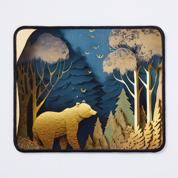 Item preview, Bear, Gold, Layered Paper, Paper Cut, Trees, Cabin, Forest, Blue, Dark Blue designed and sold by Golden-Feathers.