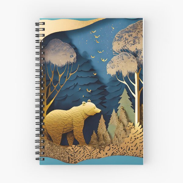 Item preview, Bear, Gold, Layered Paper, Paper Cut, Trees, Cabin, Forest, Blue, Dark Blue designed and sold by Golden-Feathers.