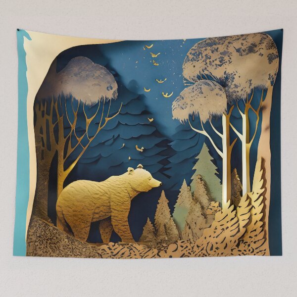 Item preview, Bear, Gold, Layered Paper, Paper Cut, Trees, Cabin, Forest, Blue, Dark Blue designed and sold by Golden-Feathers.