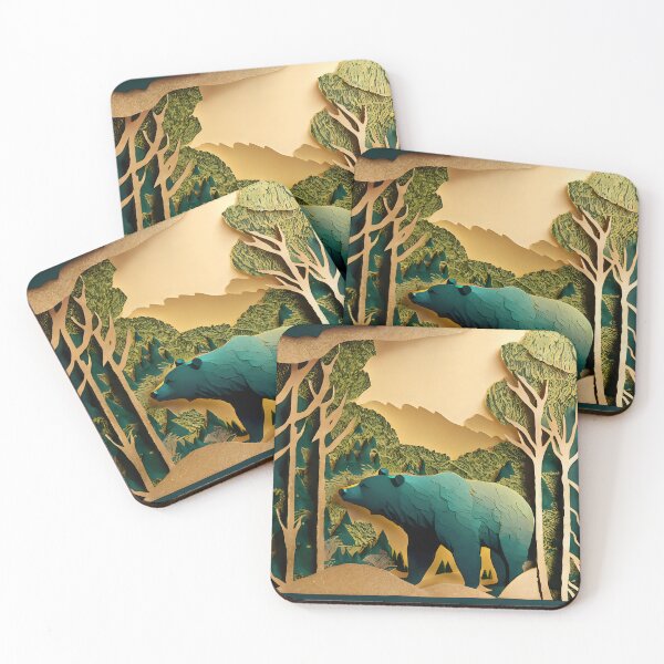 Item preview, Bear, Gold, Layered Paper, Paper Cut, Trees, Cabin, Forest, Teal, Dark Green designed and sold by Golden-Feathers.