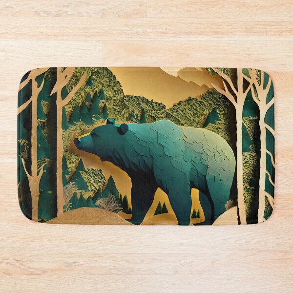 Item preview, Bear, Gold, Layered Paper, Paper Cut, Trees, Cabin, Forest, Teal, Dark Green designed and sold by Golden-Feathers.