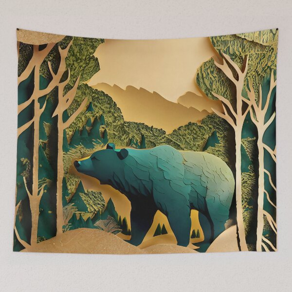 Item preview, Bear, Gold, Layered Paper, Paper Cut, Trees, Cabin, Forest, Teal, Dark Green designed and sold by Golden-Feathers.