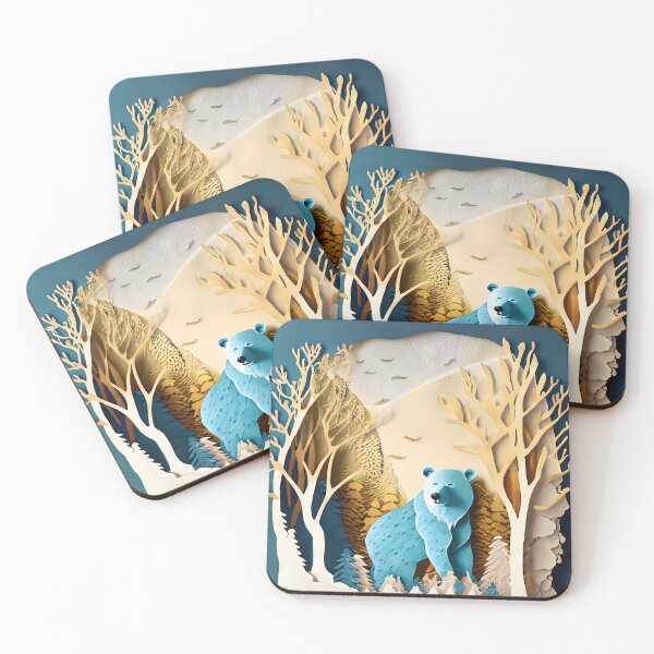 Item preview, Winter Bear, Gold, Layered Paper, Paper Cut, Trees, Cabin, Forest, Blue, Dark Blue designed and sold by Golden-Feathers.