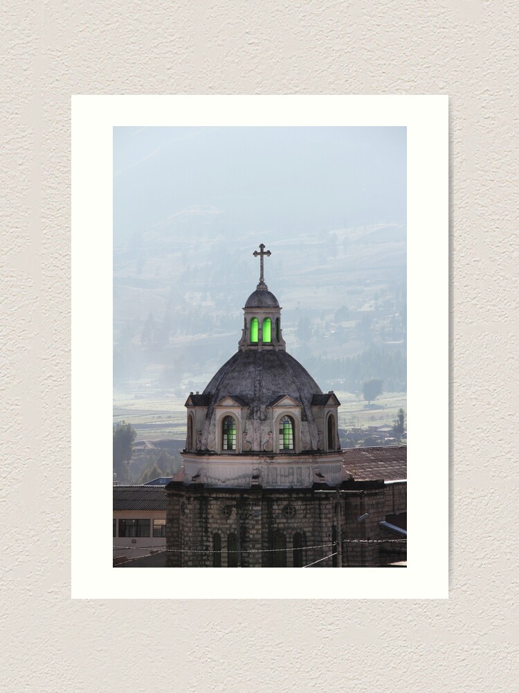 Alternate view of Guamote, Ecuador catholic church spire with cross, with green glowing stained glass windows Art Print