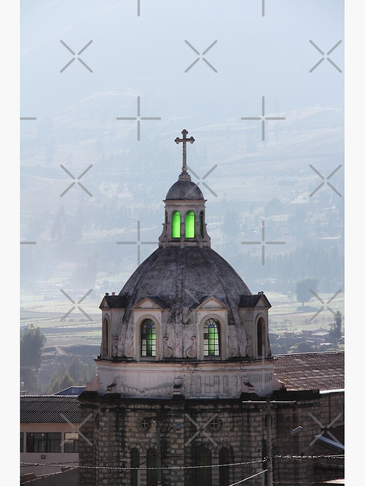 Guamote, Ecuador catholic church spire with cross, with green glowing stained glass windows by kpander