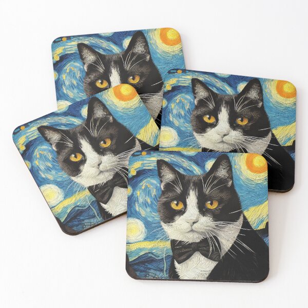 Item preview, Cat in Tuxedo Artistic Drawing with Van Gogh background designed and sold by CattyCornerPOD.