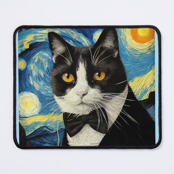 Item preview, Cat in Tuxedo Artistic Drawing with Van Gogh background designed and sold by CattyCornerPOD.