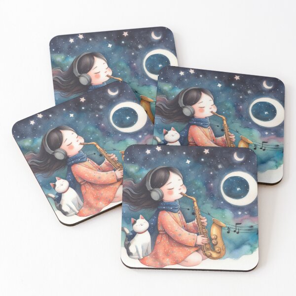 Item preview, Girl Playing Saxophone with White and Black Turkish Angora Cat on Starry Night designed and sold by ElegantTeaTime.