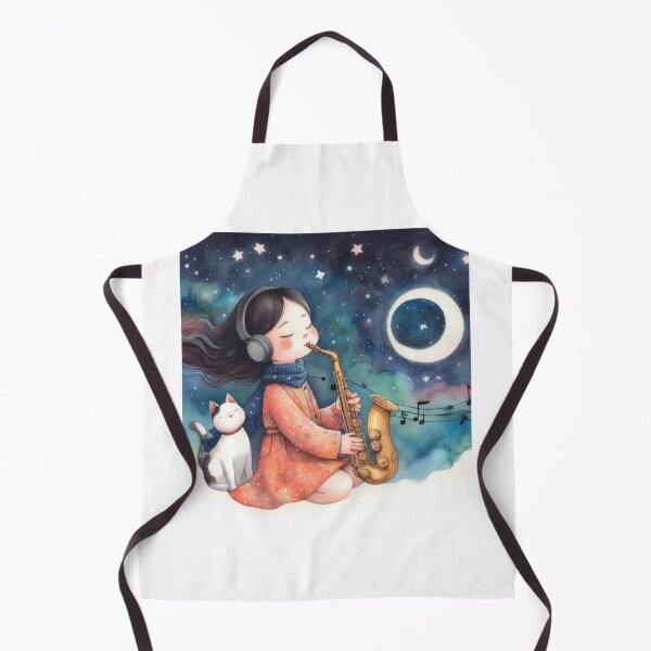 Item preview, Girl Playing Saxophone with White and Black Turkish Angora Cat on Starry Night designed and sold by ElegantTeaTime.