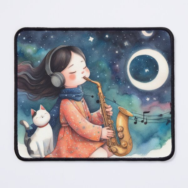 Item preview, Girl Playing Saxophone with White and Black Turkish Angora Cat on Starry Night designed and sold by ElegantTeaTime.