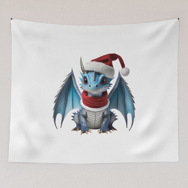Item preview, Realistic Artwork of a Cute Blue Baby Dragon Wearing a Red Festive Christmas Hat and Scarf designed and sold by CuteopiaGallery.