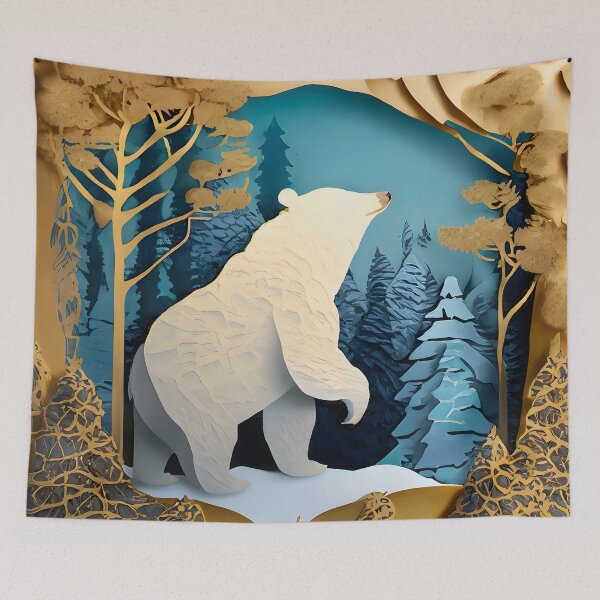 Item preview, Polar Bear, Gold, Layered Paper, Paper Cut, Trees, Cabin, Forest, Blue, Dark Blue, Winter, Snow designed and sold by Golden-Feathers.