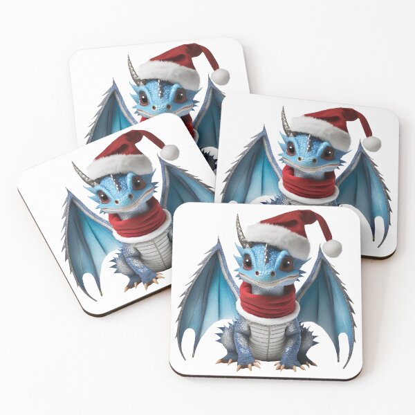 Item preview, Realistic Artwork of a Cute Blue Baby Dragon Wearing a Red Festive Christmas Hat and Scarf designed and sold by CuteopiaGallery.