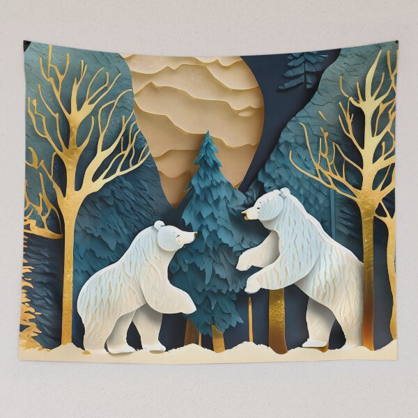 Item preview, Polar Bear, Gold, Layered Paper, Paper Cut, Trees, Cabin, Forest, Blue, Dark Blue, Winter, Snow designed and sold by Golden-Feathers.