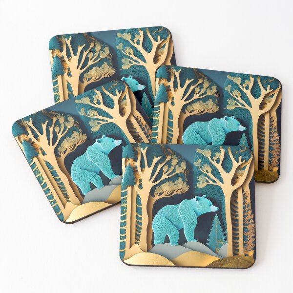 Item preview, Bear, Gold, Layered Paper, Paper Cut, Trees, Cabin, Forest, Blue, Dark Blue, Teal, Dark Teal, Green, Dark Green designed and sold by Golden-Feathers.