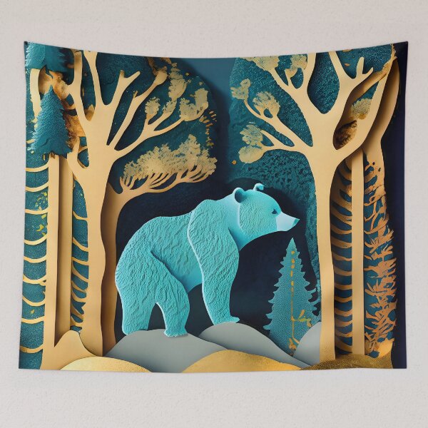 Item preview, Bear, Gold, Layered Paper, Paper Cut, Trees, Cabin, Forest, Blue, Dark Blue, Teal, Dark Teal, Green, Dark Green designed and sold by Golden-Feathers.