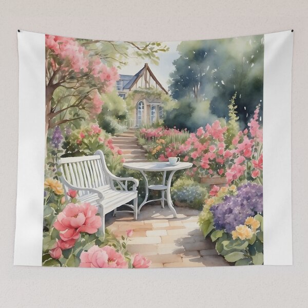 Item preview, Garden chair in backyard with flowers pathway to cottage house. designed and sold by Jayjaynaenae.