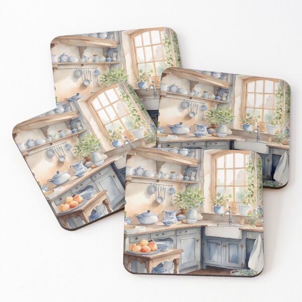 Item preview, English cottage kitchen with porcelain ceramic on shelf and blue wooden counter. designed and sold by Jayjaynaenae.