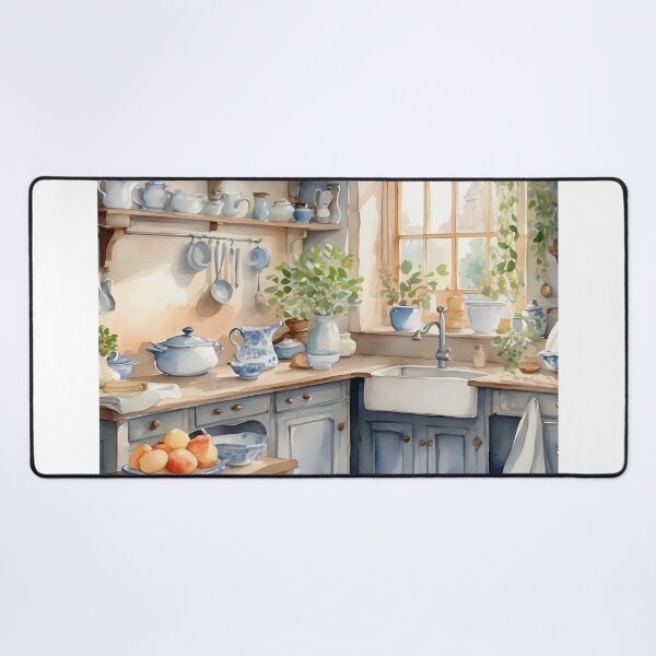 Item preview, English cottage kitchen with porcelain ceramic on shelf and blue wooden counter. designed and sold by Jayjaynaenae.
