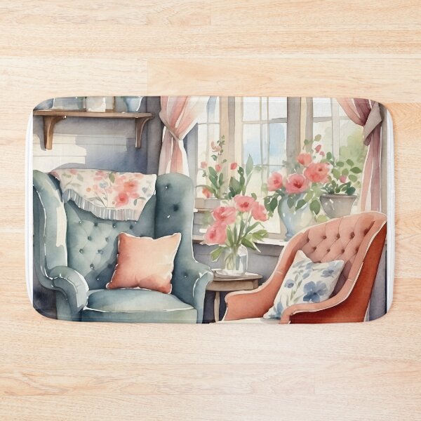 Aperçu de l'œuvre Salon romantique avec fauteuils en tissu près du rebord de la fenêtre, style cottage créée et vendue par Jayjaynaenae.