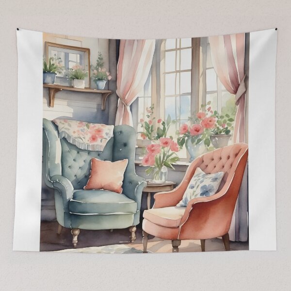 Aperçu de l'œuvre Salon romantique avec fauteuils en tissu près du rebord de la fenêtre, style cottage créée et vendue par Jayjaynaenae.