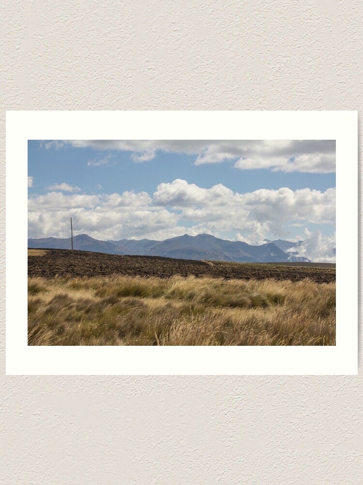 Alternate view of Grassy fields with farm pasture, mountains and clouds, Ecuador Art Print