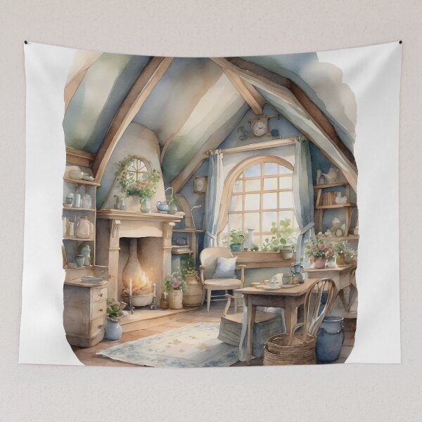 Aperçu de l'œuvre Salon romantique avec cheminée près du rebord de la fenêtre, style cottage créée et vendue par Jayjaynaenae.
