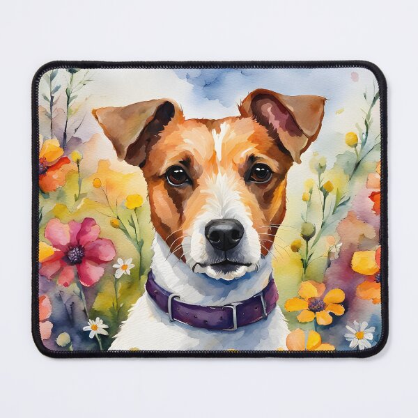 Item preview, Watercolor picture of a Jack Russell dog amongst wildflowers designed and sold by Petalandfur.