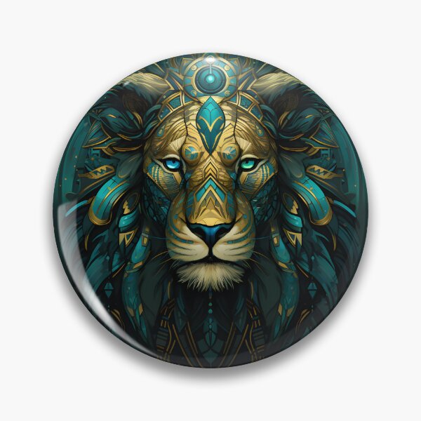 Item preview, Majestic native style lion with feathers in turquoise and gold designed and sold by CiniAi.