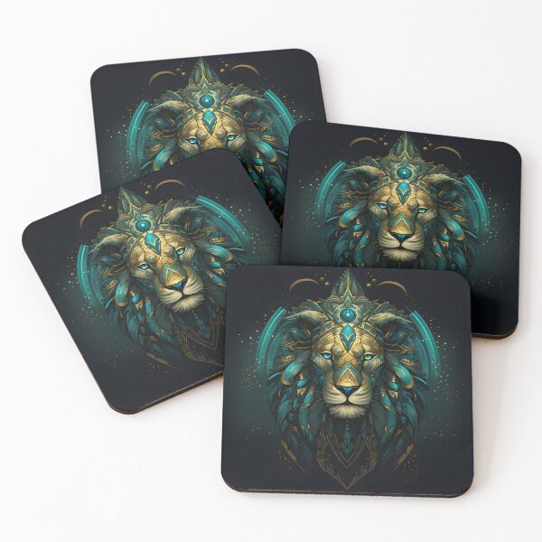 Item preview, Majestic native style lion with feathers in turquoise and gold designed and sold by CiniAi.