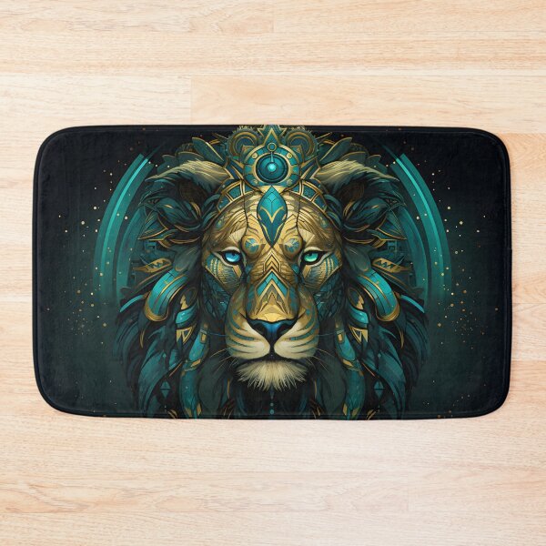 Item preview, Majestic native style lion with feathers in turquoise and gold designed and sold by CiniAi.