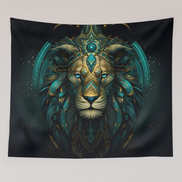 Item preview, Majestic native style lion with feathers in turquoise and gold designed and sold by CiniAi.