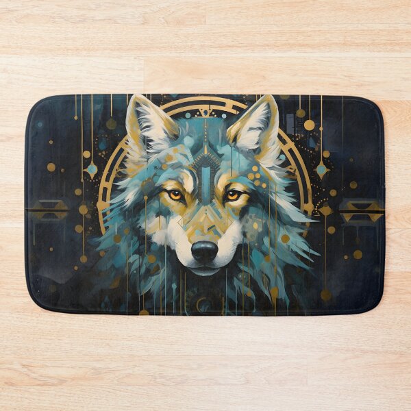 Item preview, Artistic native style wolf in turquoise and beige with golden ornaments designed and sold by CiniAi.