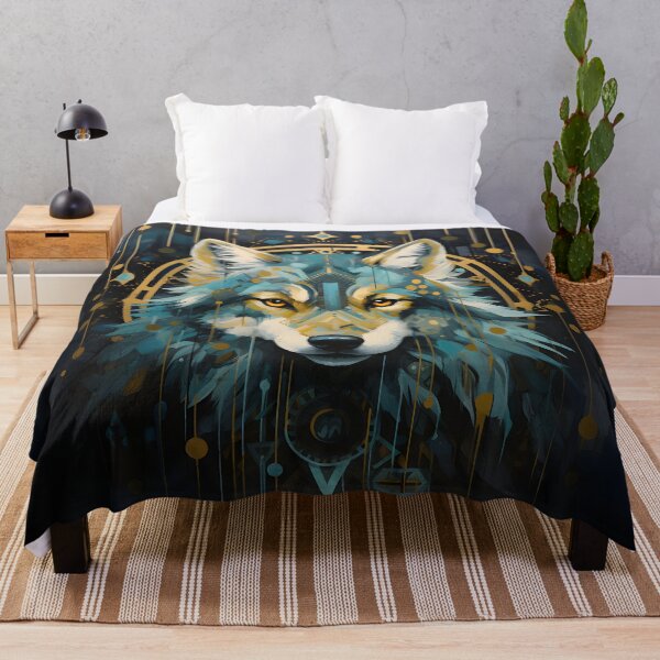 Item preview, Artistic native style wolf in turquoise and beige with golden ornaments designed and sold by CiniAi.