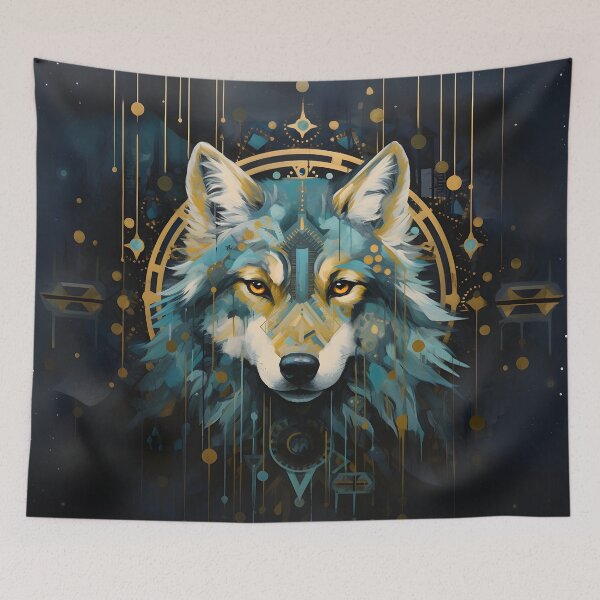 Item preview, Artistic native style wolf in turquoise and beige with golden ornaments designed and sold by CiniAi.