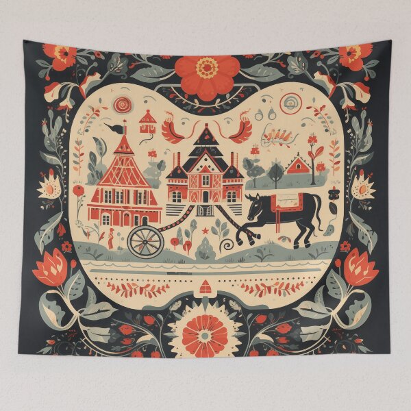 Item preview, Hungarian floral folk art in black, beige and red designed and sold by CiniAi.