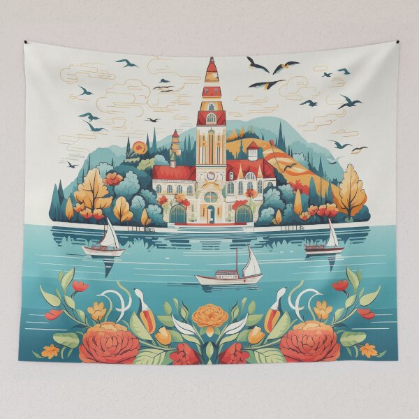 Item preview, Hungarian floral folk art with sailing boats on lake Balaton designed and sold by CiniAi.