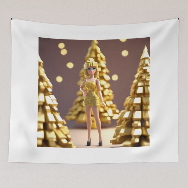 Item preview, doll looking blonde girl wearing golden mini dress partying near a golden christmas tree designed and sold by thebitsinc.