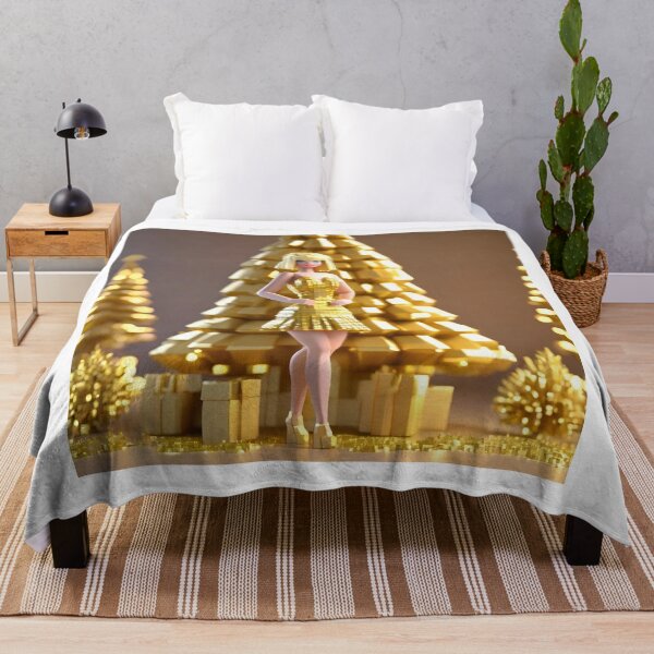 Item preview, doll looking blonde girl wearing golden mini dress partying near a golden christmas tree designed and sold by thebitsinc.