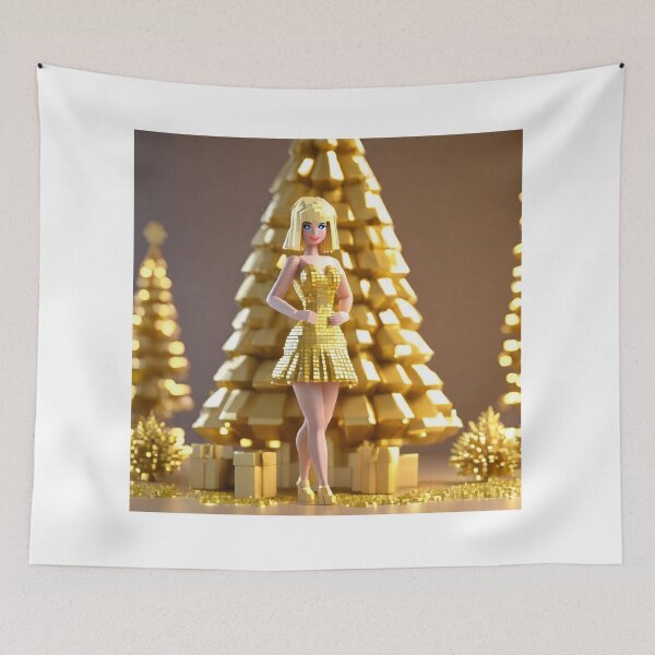 Item preview, doll looking blonde girl wearing golden mini dress partying near a golden christmas tree designed and sold by thebitsinc.